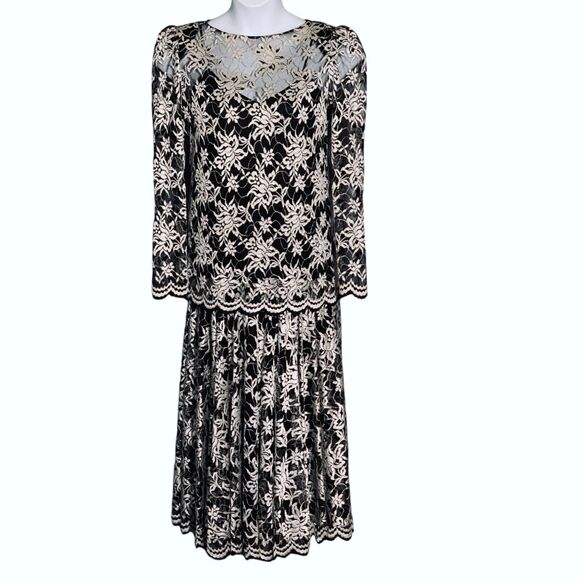 Vintage Pat Richards Black Evening Dress Size 14 Maiello Midi White Lace Holiday - Picture 13 of 16